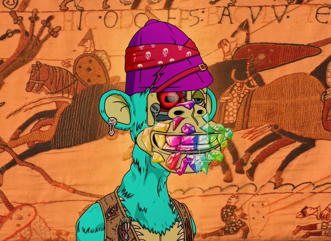 A digital art NFT featuring a turquoise cartoon ape/monkey character wearing a purple bandana and rainbow gemstone teeth, set against a medieval tapestry background.