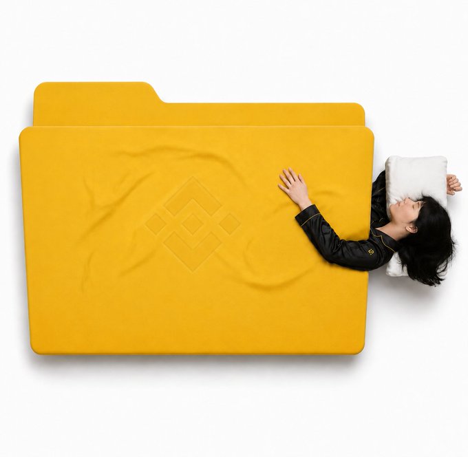 The image shows a person sleeping under a yellow file folder with the Binance logo, with the caption noting "GN" (good night) and that the week has been archived, to be unzipped tomorrow morning—humorously equating restful sleep to decompressing a digital week of crypto trading.
