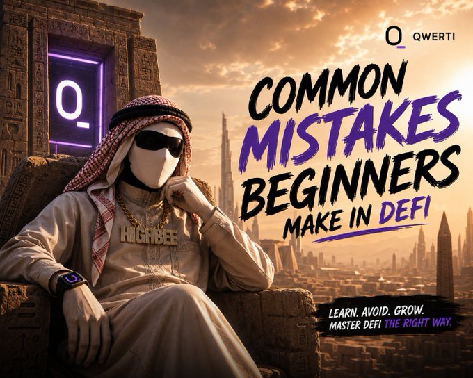 Thumbnail-style graphic titled 'COMMON MISTAKES BEGINNERS MAKE IN DEFI' by 'QWERTI', featuring an AI-generated figure in Middle Eastern attire with sunglasses and a face covering, with the tagline 'LEARN. AVOID. GROW. MASTER DEFI THE RIGHT WAY.'