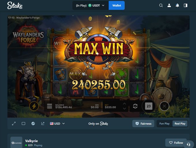 A player celebrates their sixth Trickster Max Win on the Waylanders Forge slot game at Stake.com, hitting a massive payout of 240,255.00 USDT (boosted from a base bet of $225.00) with a balance of $156,485.46.