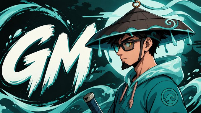 An anime-style illustration of a character wearing a wide straw hat and glasses, standing next to large stylized 'GM' text in a teal and black color palette.