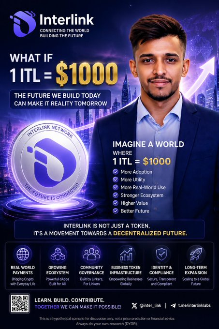 A promotional graphic for Interlink featuring the text "What if 1 ITL = $1000" alongside a man in a blue blazer, a glowing 3D ITL coin, and a checklist highlighting benefits like adoption and utility, reinforcing the post's vision of long-term ecosystem building.