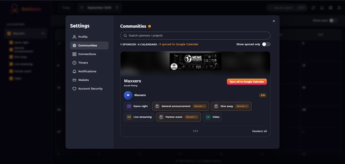 A software settings window shows a 'Communities' section for 'Maxxers' (Social Mining) with options to sync to Google Calendar, displaying features like Game rights, Live streaming, and Partner event.