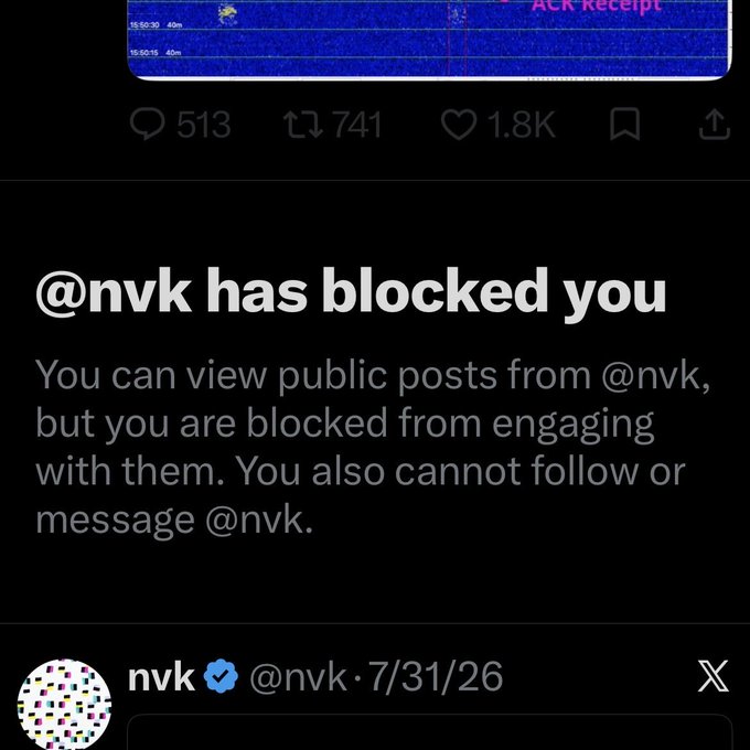 A Twitter/X screenshot showing the message '@nvk has blocked you' with the handle @nvk visible at the bottom.