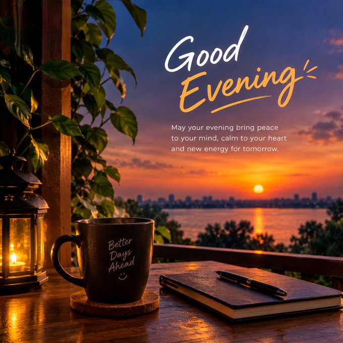 An inspirational 'Good Evening' graphic featuring a sunset over water, with a black coffee mug reading 'Better Days Ahead', a notebook with a pen, and a glowing lantern surrounded by greenery.