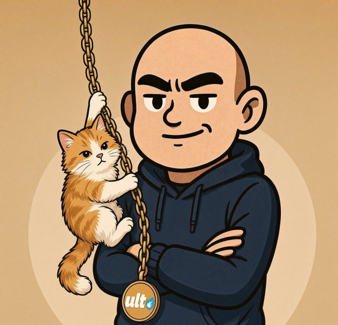 A cartoon illustration of a bald man in a dark hoodie with arms crossed, holding a chain from which an orange cat and an 'ult' coin are suspended.