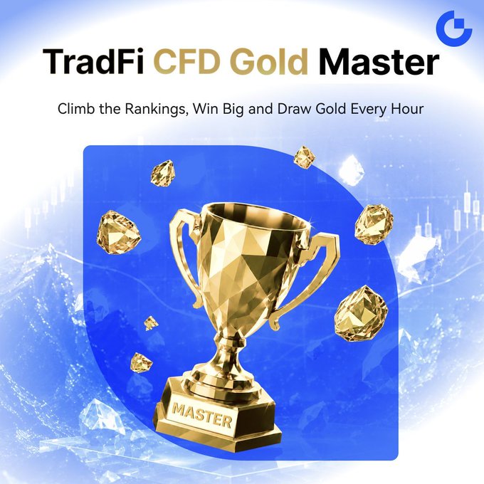 The image features an advertisement for the "Master" category of the TradFi CFD Gold Master competition. The title of the competition reads "Master", while the category it belongs to is "Gold Masters". The prize pool amounts to up to 500,000 US dollars in rewards, and the competition starts every hour. This post focuses on promoting how trading gold or any other commodity can lead to winning big.
