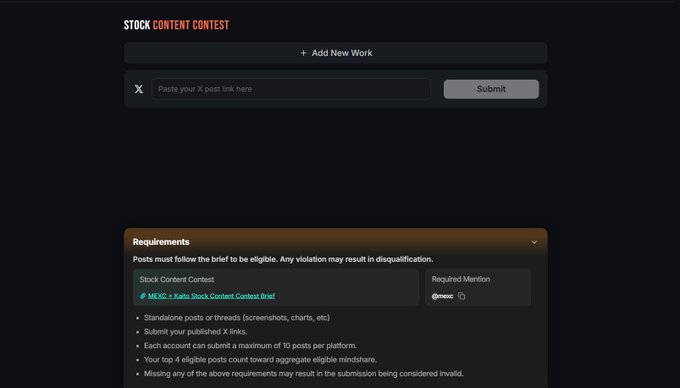 A dark-themed UI for a 'Stock Content Contest' where users can submit their X post links, showing requirements such as standalone posts, max 10 posts per platform, and eligibility rules.