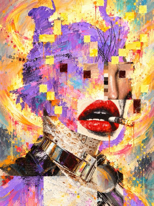A vibrant, colorful mixed-media pop art painting featuring a stylized face with bright red lips smoking a cigar, accented with purple, yellow, and pixelated elements.