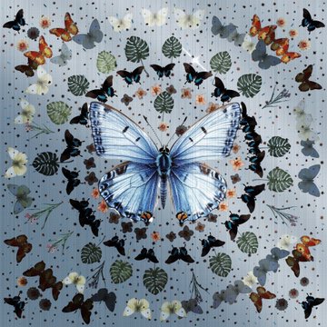 Artwork featuring a large blue butterfly in the center, surrounded by a symmetrical mandala pattern of various smaller butterflies, leaves, and flowers on a light background.