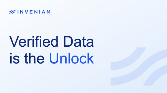 A corporate graphic with the Inveniam logo in the top left corner and the text 'Verified Data is the Unlock' on a light background with subtle blue design elements.
