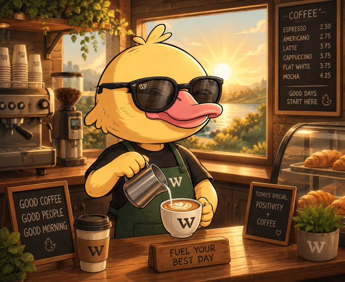 A cheerful duck wearing sunglasses and a green apron pours latte art in a coffee shop setting, surrounded by signs reading 'GOOD COFFEE GOOD PEOPLE GOOD MORNING' and 'TODAY'S SPECIAL POSITIVITY + COFFEE'.