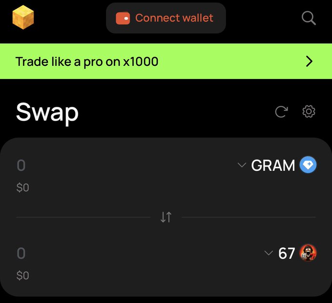 A cryptocurrency swap interface on a wallet app showing GRAM being exchanged for $67, with a "Connect wallet" button at the top, illustrating the final step in the tutorial for purchasing the $67 token by swapping GRAM.