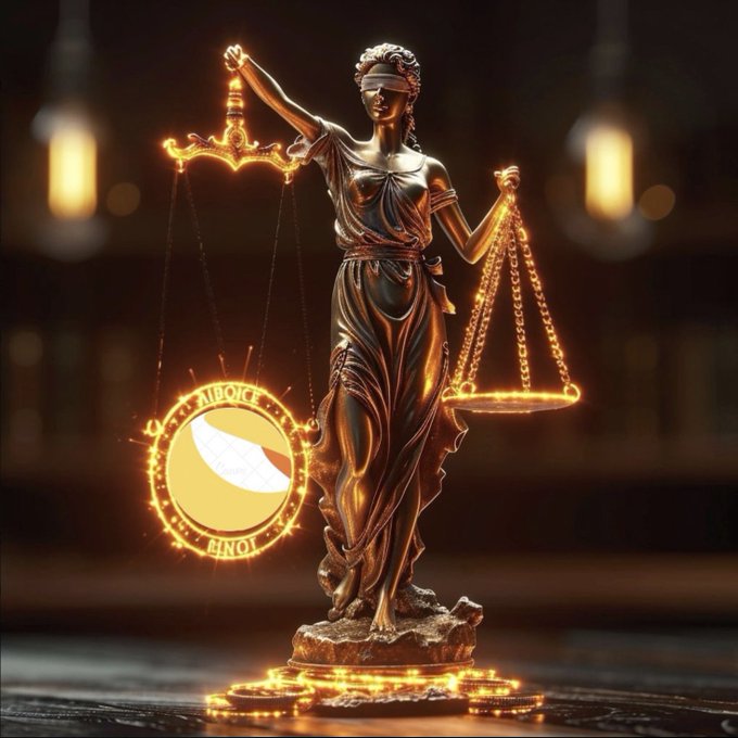 A golden statue of Lady Justice holding scales stands beside a glowing emblem containing the partially legible text "ALIBOICE" and "HNOI," symbolizing the court's weighing of late crypto loss claims filed by investors affected by the LUNA/UST collapse. The scales of justice imagery reinforces the post's theme of legal proceedings and timely claim adjudication in the Terra Classic case.