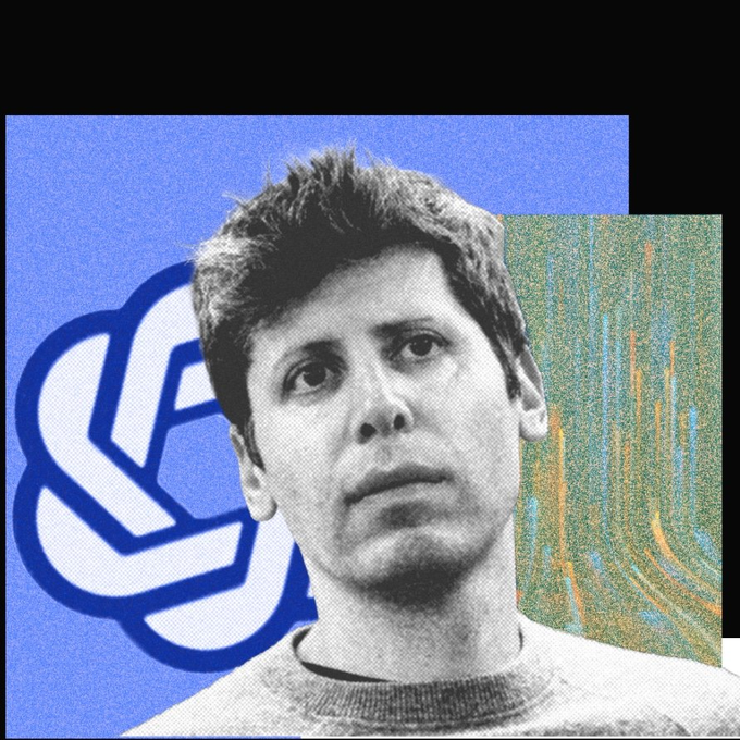 A collage featuring a black-and-white halftone photo of a man with dark hair, set against a blue OpenAI logo background and a colorful circuit-board texture.