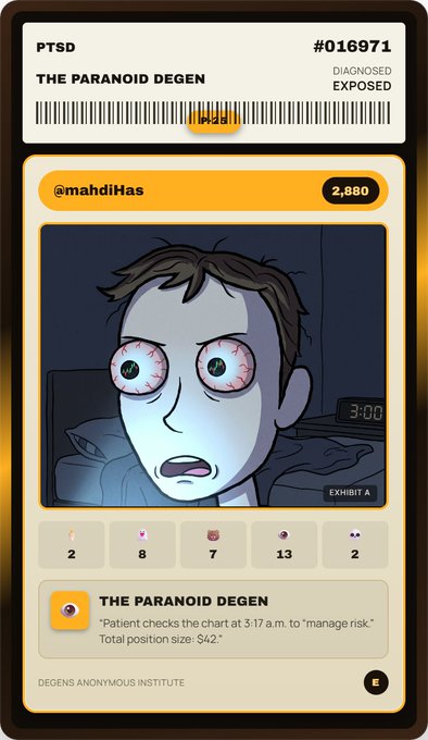 A digital card titled 'PTSD' and 'THE PARANOID DEGEN' (ID #016971) depicts a cartoon character with wide, bloodshot eyes, with text noting 'Patient checks the chart at 3:17 a.m. to manage risk.' from the 'DEGENS ANONYMOUS INSTITUTE'.