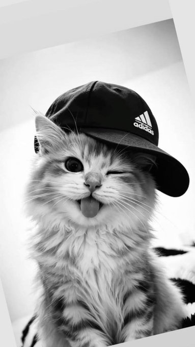 A black and white photo of a fluffy kitten wearing an Adidas baseball cap, winking and sticking its tongue out playfully.