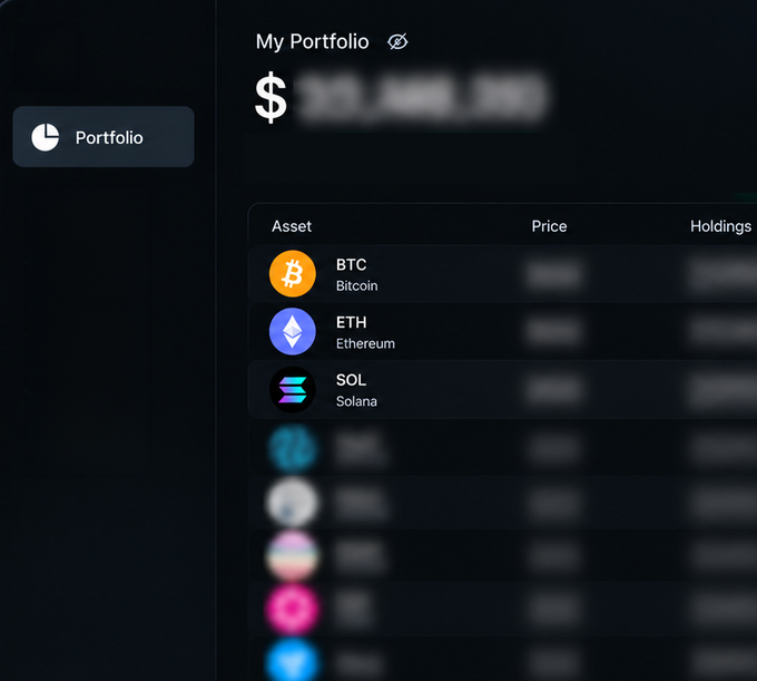 A dark-themed "My Portfolio" dashboard displays cryptocurrency holdings including BTC (Bitcoin), ETH (Ethereum), and SOL (Solana), with the total dollar value blurred out—visually emphasizing hidden "BIG moves" the poster teases revealing in three strategic changes to their crypto portfolio.