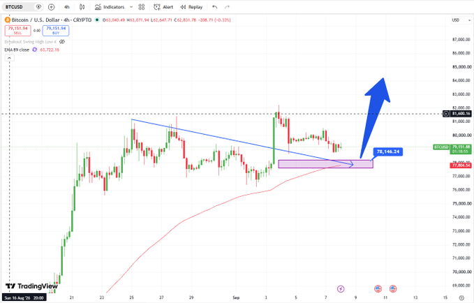 A TradingView H4 candlestick chart of Bitcoin (BTC/USD) shows the price around $81,831, highlighting a key support zone between $78,148.26 and $79,868 marked by a descending trendline and the EMA89 (78,146.24), with a large blue upward arrow indicating a potential bullish bounce from the highlighted purple support area.