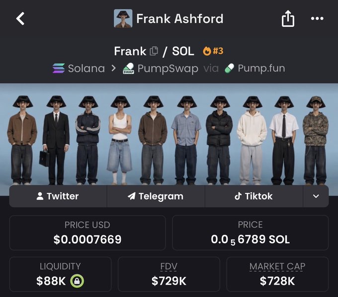 A cryptocurrency token page displays "Frank" (ticker: $FRANK) on the Solana blockchain via PumpSwap, with its #3 rank shown alongside key metrics: price $0.00007669, liquidity $88K, FDV $729K, and market cap $728K, all set against a lineup of 10 character avatars wearing black bucket hats. The image supports the poster's argument that despite $frank's lower market cap compared to $jeanphil's 12 million, its stronger community could drive significant growth.