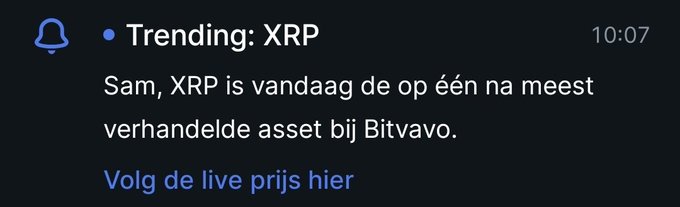 A Dutch-language push notification from Bitvavo stating 'Trending: XRP — Sam, XRP is vandaag de op één na meest verhandelde asset bij Bitvavo' with a 'Volg de live prijs hier' link.