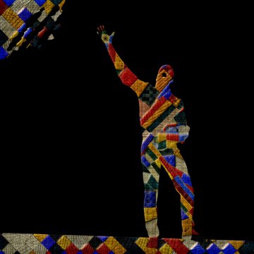 A mosaic-style artwork depicting a reaching figure in colorful geometric patterns against a black background, with additional mosaic fragments in the corners.