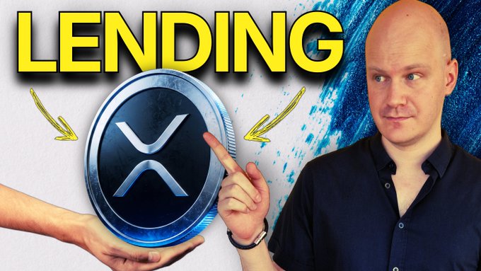 A YouTube-style thumbnail with the word 'LENDING' in large yellow text, showing a hand holding an XRP coin and a man in a dark shirt pointing at it.