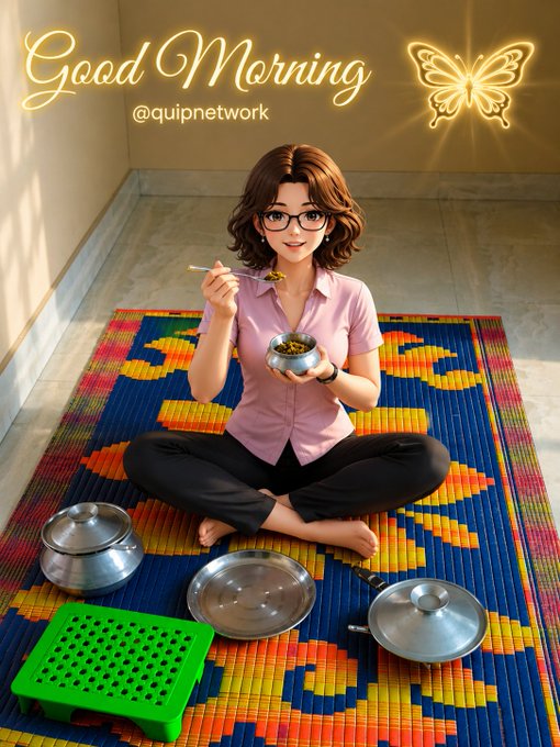 urns, bowls, and a teapot are arranged on a blue and orange patterned rug, with the girl seated on it holding a spoonful of food.