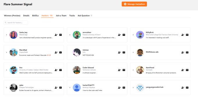 A screenshot of the "Flare Summer Signal" Hackathon page displaying 12 hacker profiles in a grid layout, including usernames like Sasha_troy, omnishahar, NittyBuck, Mars4Mad, tristan, Modiboou-ado, Sino, Cédric Massé, 0xmiflord, qshu, hacker07ab771, and yangjiangnovella-hub, each showing their role and brief bio. The image relates to the post as it showcases the current pool of builders competing in the hackathon, illustrating the competitive landscape the message is addressing.