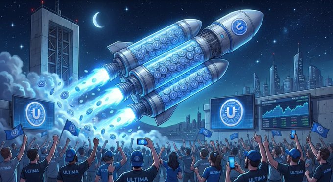 A rocket ship emblazoned with the Ultima logo launches into a starry night sky, lifting off from a cityscape as an enthusiastic crowd wearing "ULTIMA" apparel cheers and waves Ultima flags below, visually symbolizing the project's continuous growth and momentum. The scene's triumphant rocket launch parallels the post's message that Ultima kept building and expanding its ecosystem even during market downturns, propelling the project skyward regardless of conditions.