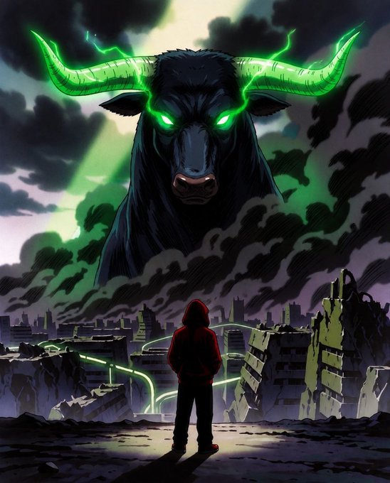 A lone hooded figure stands before a decimated cityscape, facing a towering bull with glowing green horns and eyes emerging from dark smoke—a striking visual metaphor for the powerful, bullish momentum behind the project, reflecting the post's emphasis on enduring strength and community-driven growth despite market turbulence.

(Note: No visible text, tickers, or names appear in the image itself.)