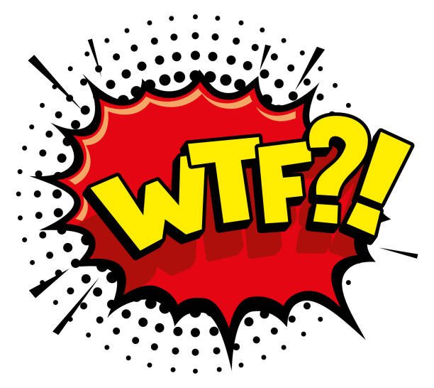 A pop art-style comic book burst graphic with a red explosion shape and yellow 'WTF?!' text on a white background with black halftone dots.
