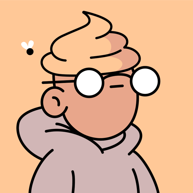 An illustration of a person with light brown skin wearing round white glasses and a hoodie, with a bee flying near their head against a peach background.