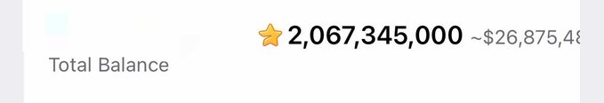 The image shows a Telegram wallet display with a "Total Balance" of 2,067,345,000 Stars (approximately $26,875,485), supporting the post's claim about an unexpectedly massive amount of Stars being received.