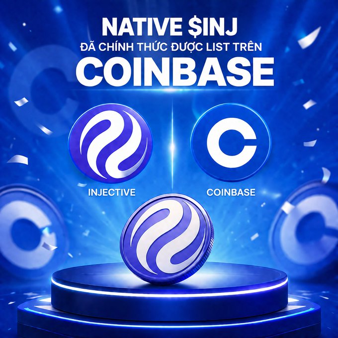 A promotional graphic announcing "NATIVE $INJ ĐÃ CHÍNH THỨC ĐƯỢC LIST TRÊN COINBASE" (Native $INJ officially listed on Coinbase), featuring the Injective and Coinbase logos.