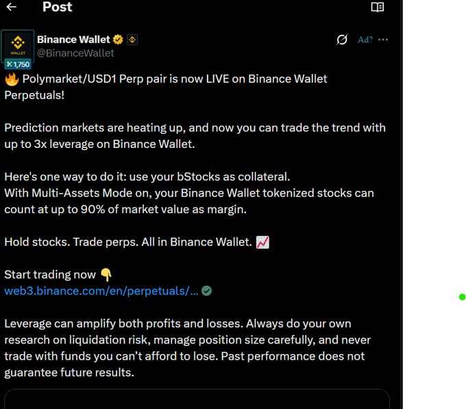 A screenshot of an X post from @BinanceWallet announces that the Polymarket/USD1 Perp pair is now LIVE on Binance Wallet Perpetuals, promoting up to 3x leverage and directing users to web3.binance.com.