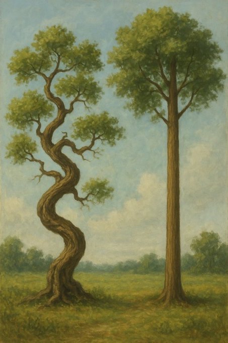 A painterly artwork depicting two contrasting trees in a grassy field—one with a twisted, gnarled trunk and the other with a straight trunk—under a cloudy sky.