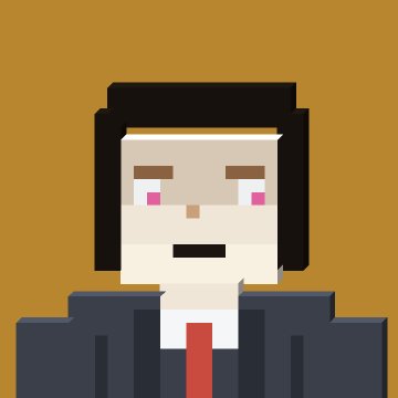 A pixel art style portrait of a man with black hair, wearing a blue suit, white shirt, and red tie against a solid brown background.