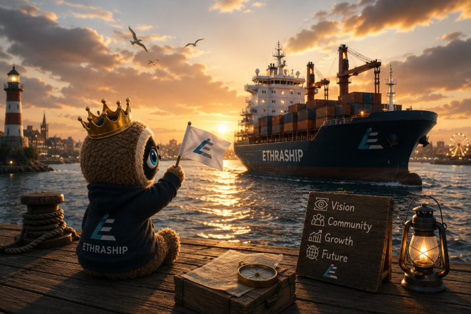 A promotional digital artwork featuring a teddy bear mascot wearing a crown and an 'ETRASHIP' hoodie, waving a flag at a large cargo ship labeled 'ETRASHIP' at sunset, with a sign listing Vision, Community, Growth, and Future.