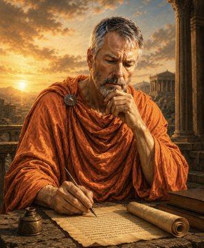 The image depicts a man in a toga writing on parchment, seemingly contemplating or deliberating, which aligns with the sentiment in the accompanying post about a shareholder's thoughtful consideration of MicroStrategy's (MSTR) Bitcoin accumulation strategy.