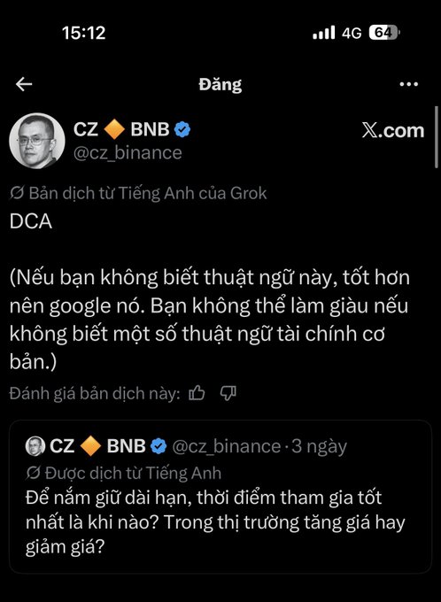 A Twitter/X post by CZ (CZ BNB, @cz_binance) translated by Grook, explaining the financial term 'DCA' with a note advising readers to Google it if they don't know the terminology.