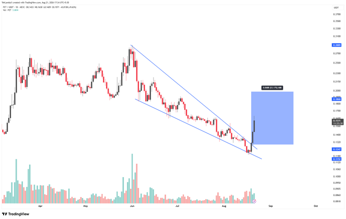 A daily candlestick chart from April to October showing a descending parallel channel breakout with a blue shaded profit target zone marked around 0.1700-0.1900.