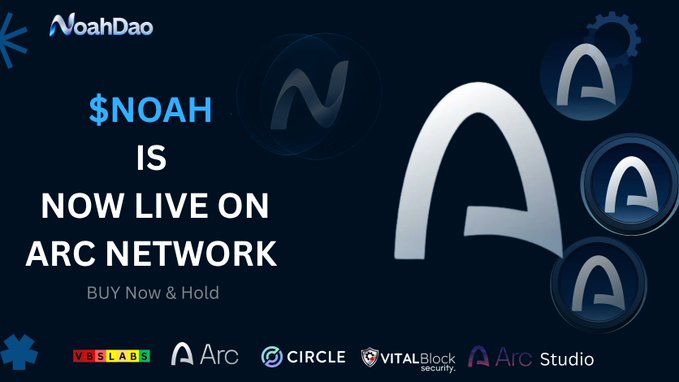 A promotional banner announces '$NOAH IS NOW LIVE ON ARC NETWORK' with 'BUY Now & Hold' text, featuring the NoahDao and Arc logos alongside partner logos for VBS LABS, Circle, VitalBlock Security, and Arc Studio.