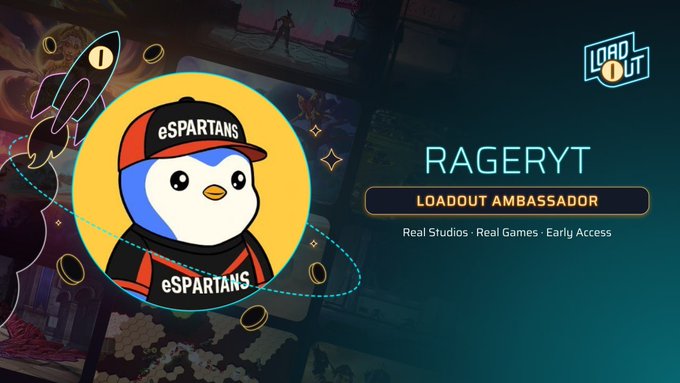 A promotional graphic for 'LOADOUT' featuring 'RAGERYT' as a Loadout Ambassador, showing a penguin mascot wearing an 'eSPARTANS' cap on the left side with the text 'Real Studios · Real Games · Early Access'.