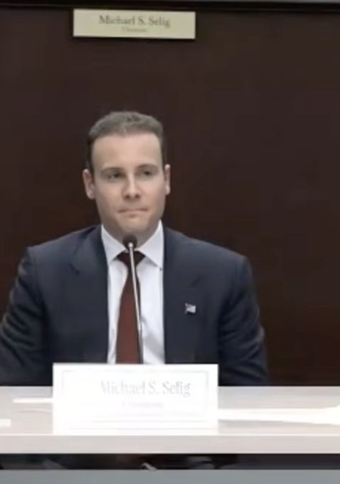 A man in a dark suit and maroon tie sits at a desk with a nameplate reading 'Michael S. Selig', speaking in what appears to be a formal hearing or commission setting.