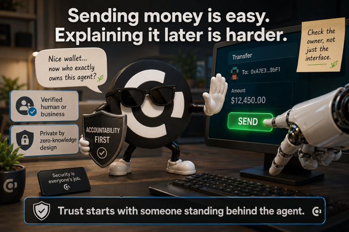 A promotional graphic featuring a sunglasses-wearing mascot character that reads 'Sending money is easy. Explaining it later is harder,' highlighting features like 'Verified human or business,' 'Private by zero-knowledge design,' and 'Accountability First,' with the tagline 'Trust starts with someone standing behind the agent.'