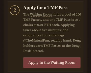A dark-themed UI panel titled 'Apply for a TMF Pass,' explaining that the Waiting Room holds a pool of 200 TMF Passes at 0.01 ETH each, with a button to 'Apply in the Waiting Room.'