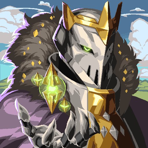 A pixel art style illustration of an armored knight wearing a golden crown and dark fur cloak, with glowing green crystals.