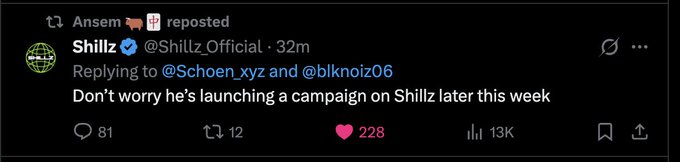 A Twitter/X reply from verified user @ShillzOfficial saying 'Don't worry he's launching a campaign on Shillz later this week' in response to @Schoen_xyz and @blknolz06, with 228 likes and 13K views.