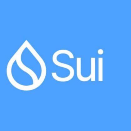 The Sui cryptocurrency logo featuring a stylized white water drop icon and the word 'Sui' on a bright blue background.